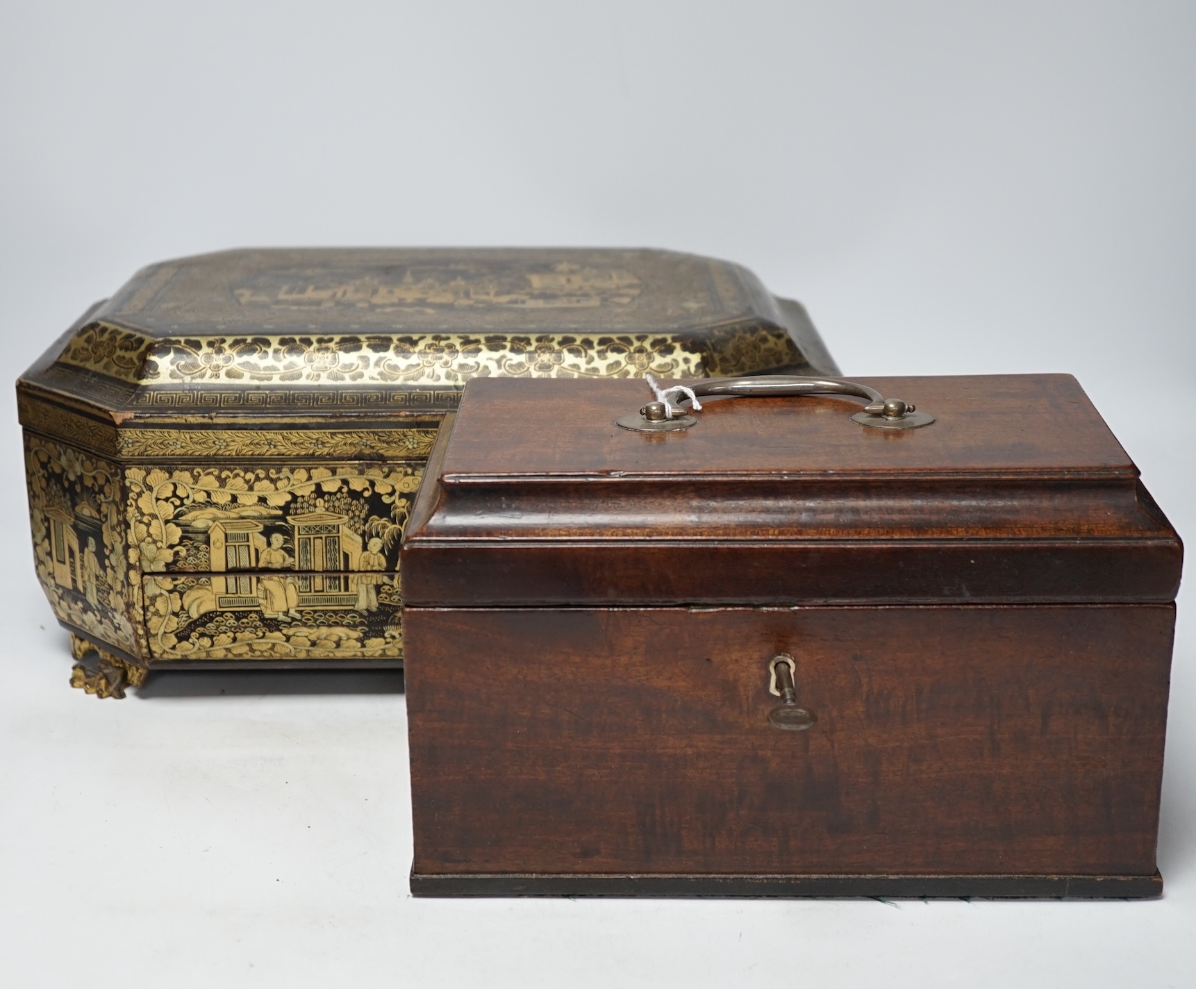 A mid 19th century Chinese export gilt decorated black lacquer work box and a George III mahogany tea caddy